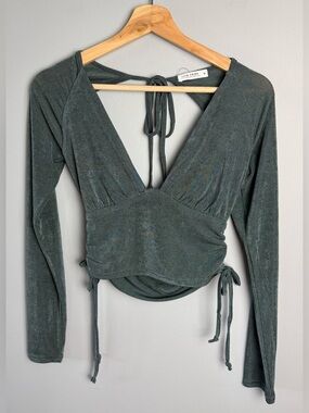 12th Tribe Dark Green Plunging V-Neck Tie-Back Crop Top